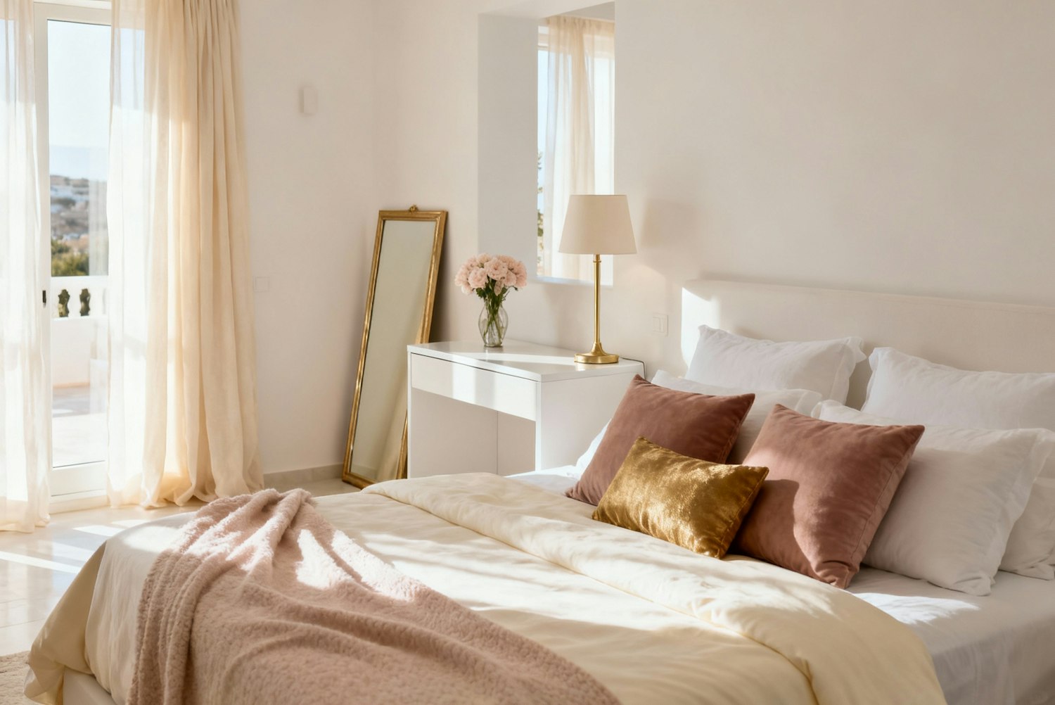 Bright hotel bedroom with white linen, velvet cushions and sheer curtains