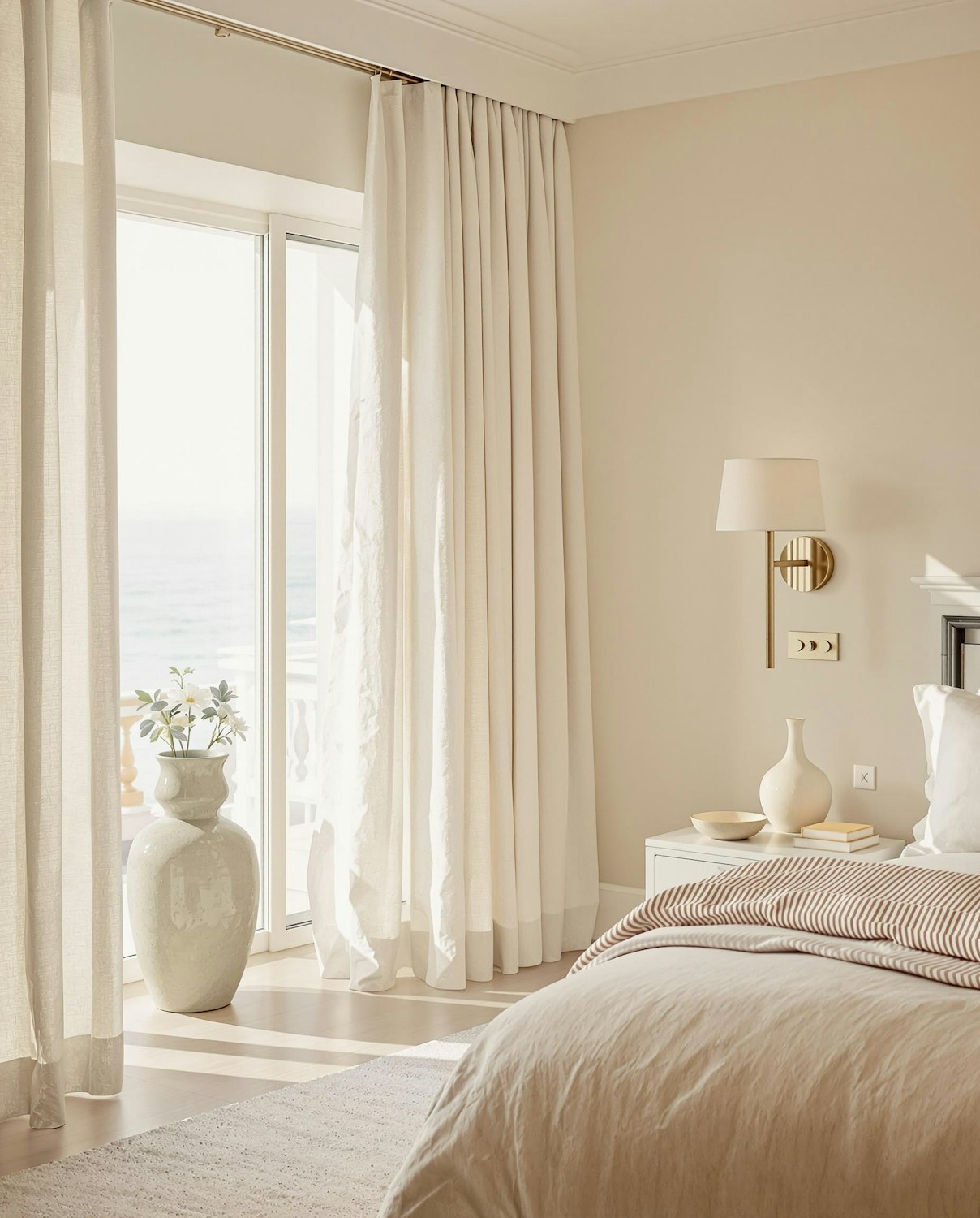 Sunlit hotel bedroom with linen curtains and a view of the sea
