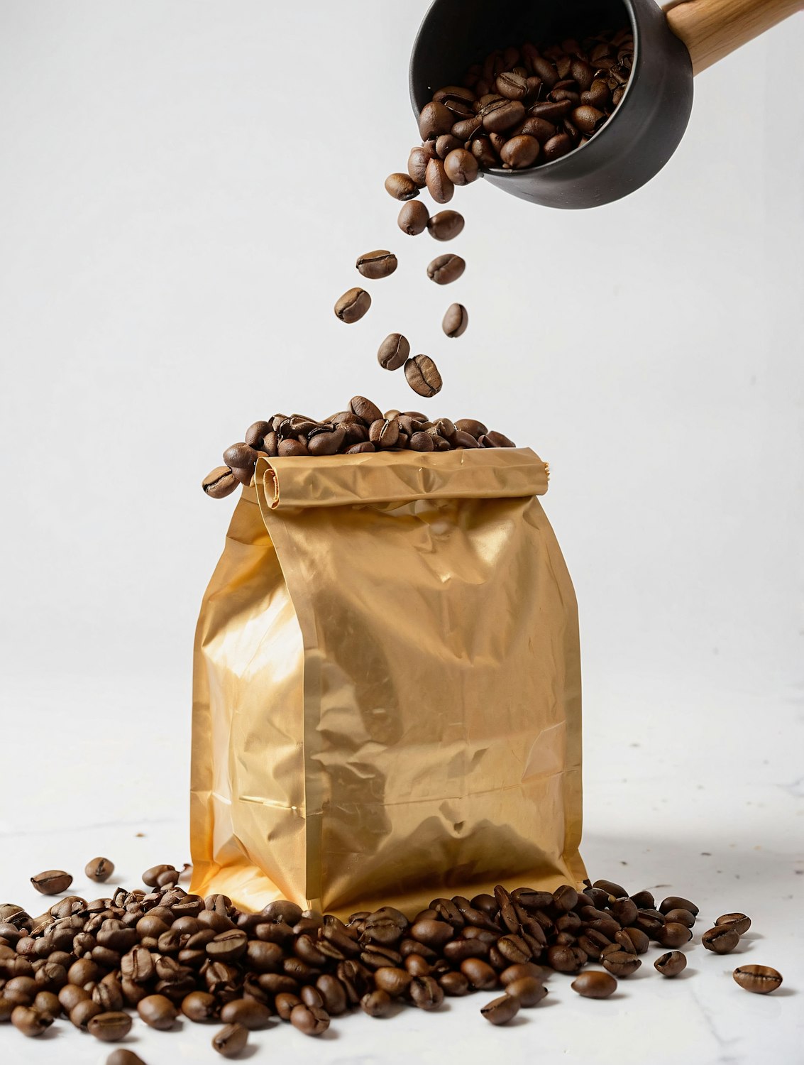 Gold foil coffee bag being filled with freshly roasted beans