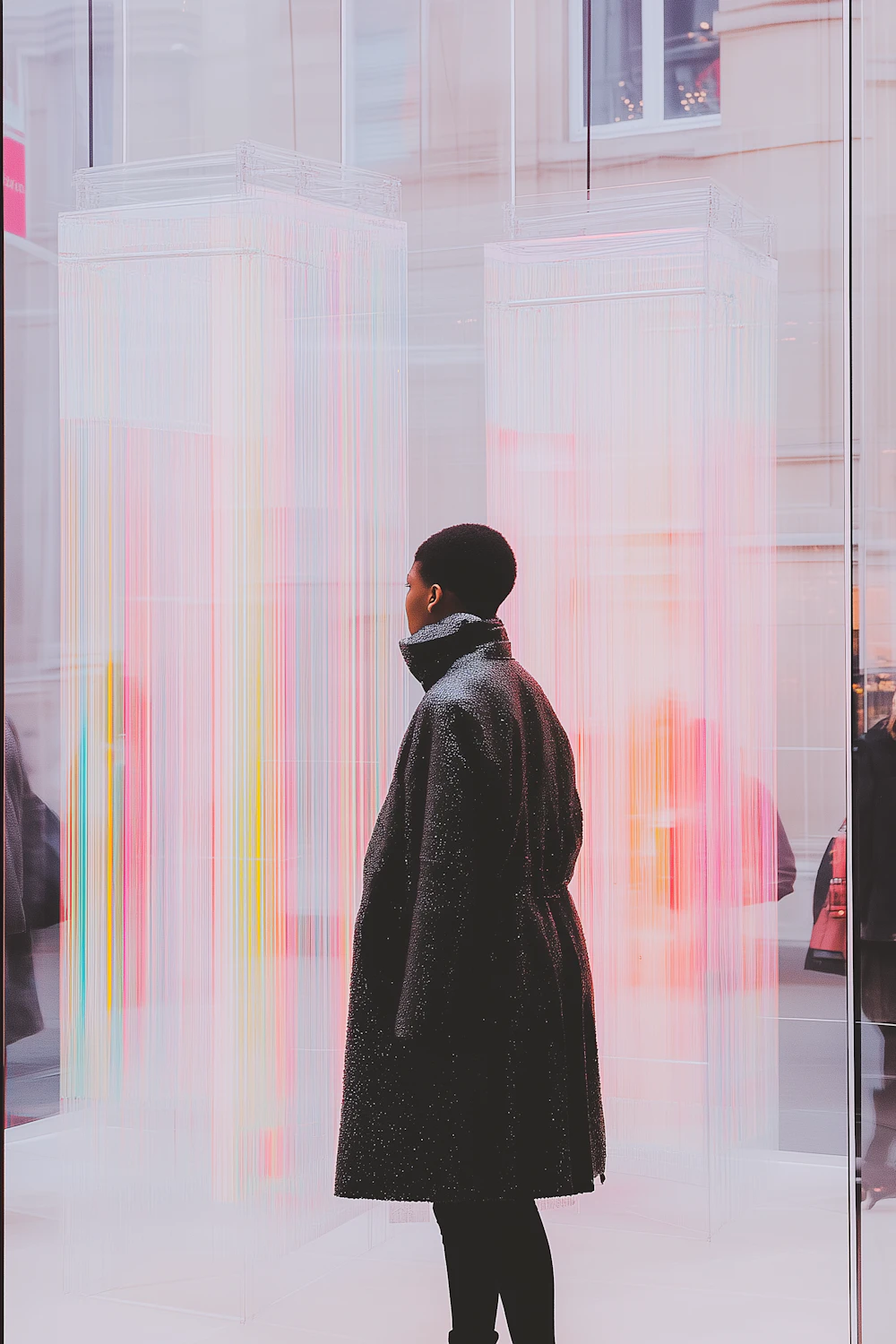Visitor in a dark coat looking at a colourful string light installation