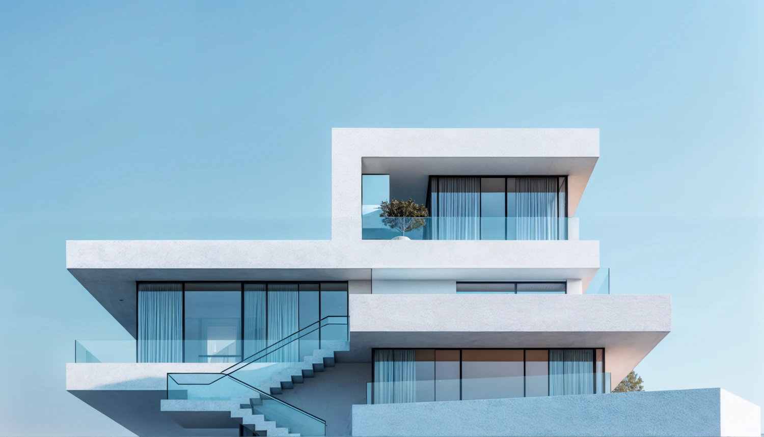 White modernist house with glass balconies against a clear blue sky