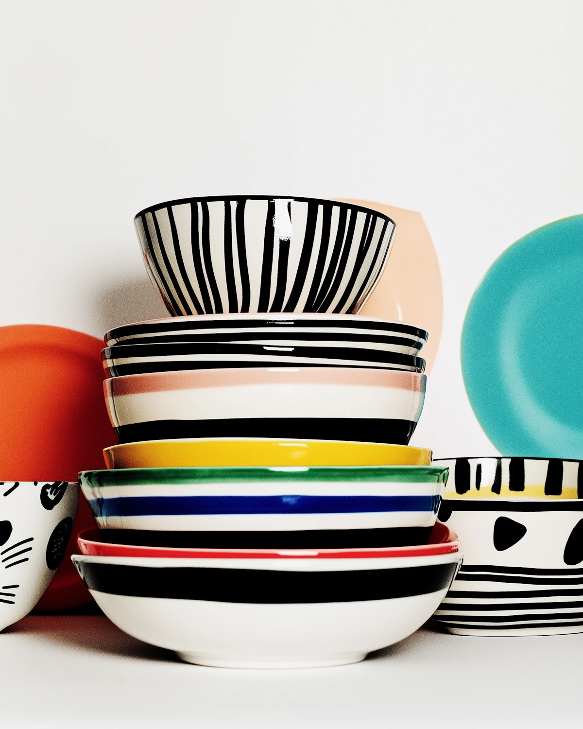 Stack of hand-painted striped ceramic bowls in black, white and bright colours